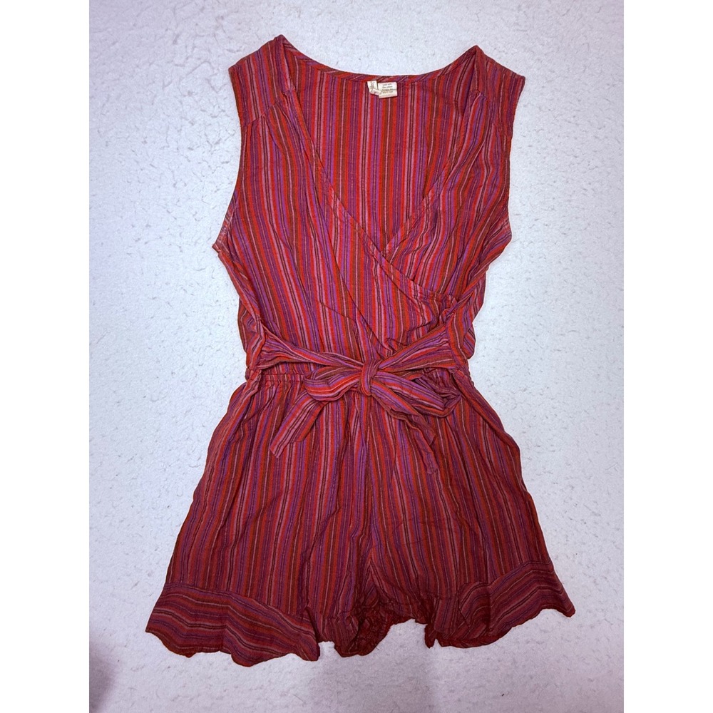 Japana Womens Red Striped Cotton Sleeveless Ruffle Hem Romper Size M